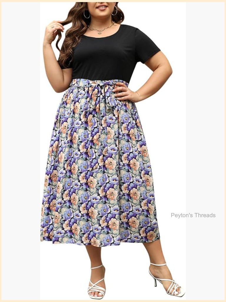Plus Size Boho Print Flared Long Dress With Pockets